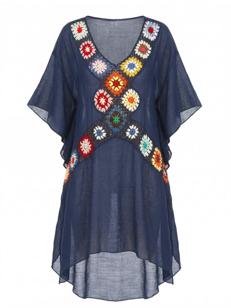 Marine Blau 1970er Boho Häkeln Oma Quadrat Abdeckung Up