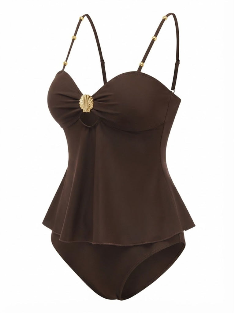 Dunkelbrauner, einfarbiger Tankini im Stil der 1950er Jahre – Vintage-Mode, Retro-Stil