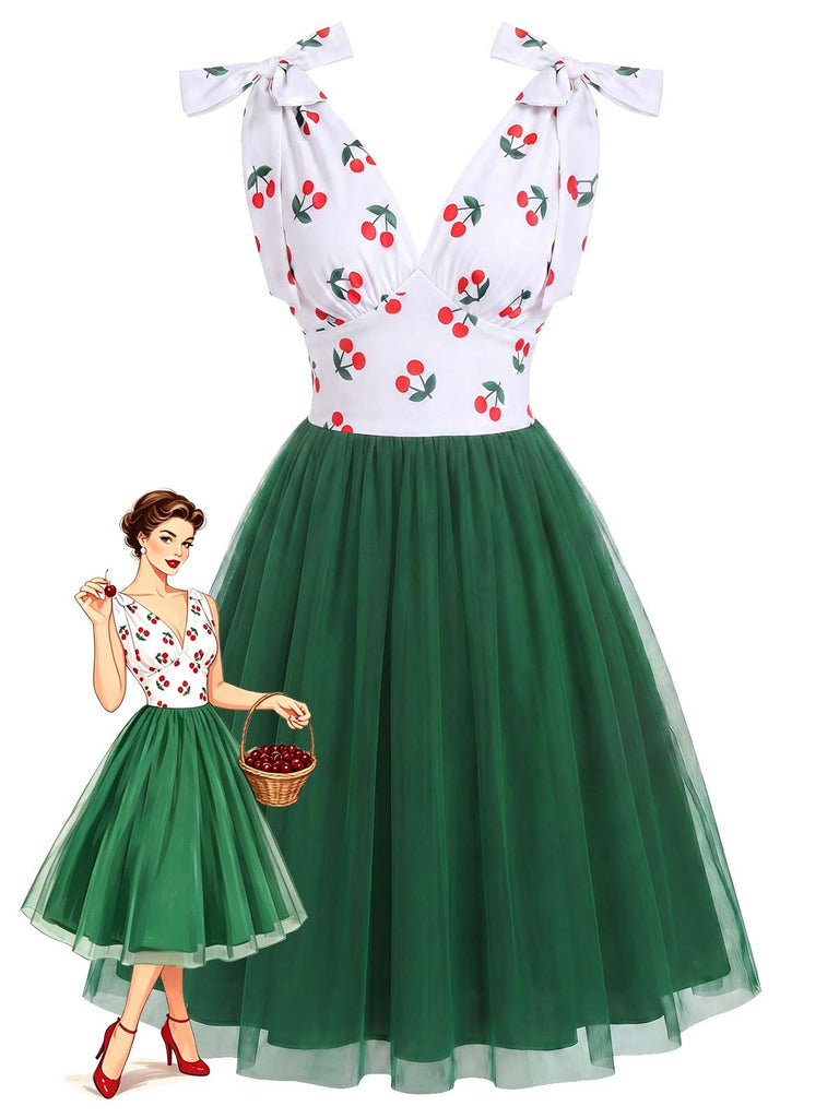 Dunkelgrünes 50er Netz-Kleid mit Farbblock und Kirschen