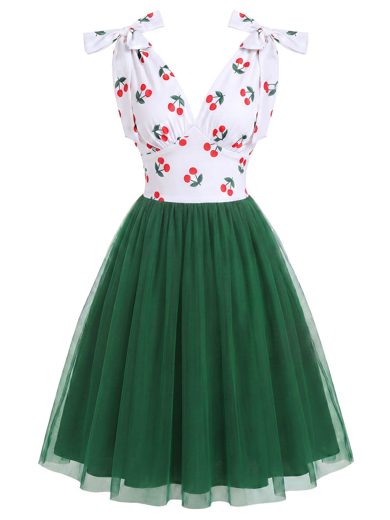 Dunkelgrünes 50er Netz-Kleid mit Farbblock und Kirschen