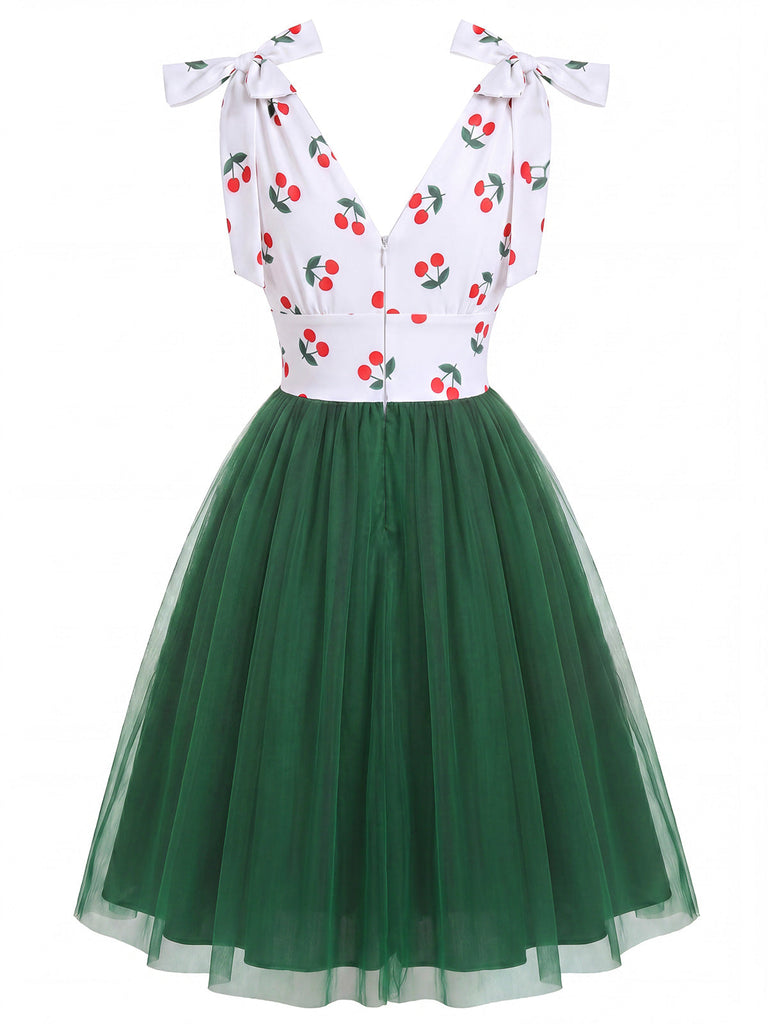 Dunkelgrünes 50er Netz-Kleid mit Farbblock und Kirschen