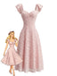 Rosa 50er Jacquard-Kleid mit Herzausschnitt und Rüschenärmeln