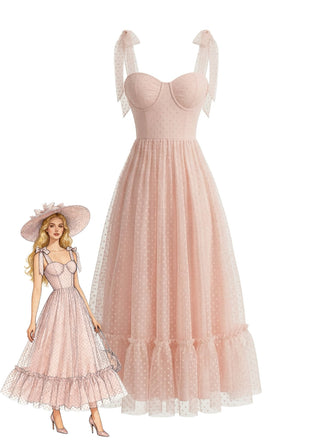 DunkelRosa 1950er Schweizer Punkt Puffärmelärmel Maxi Kleid