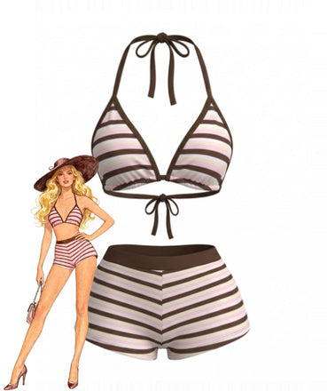 DunkelRosa 1980er Spitze Up Streifen Bikini-Set