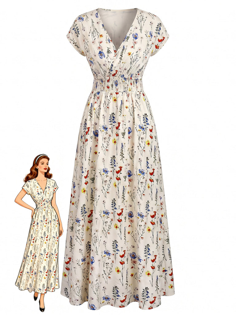40er Maxikleid mit V-Ausschnitt und Blumen