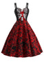 Dunkelrotes 50er Halloween Kleid mit Skelett- und Rosen-Print