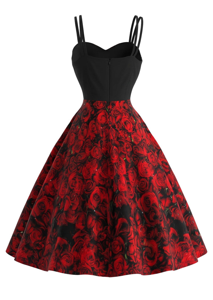 Dunkelrotes 50er Halloween Kleid mit Skelett- und Rosen-Print