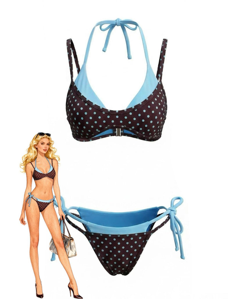 Dunkel Kaffee 1980er Zweiteiler-Optik Seitlich zum Binden Bikini Set