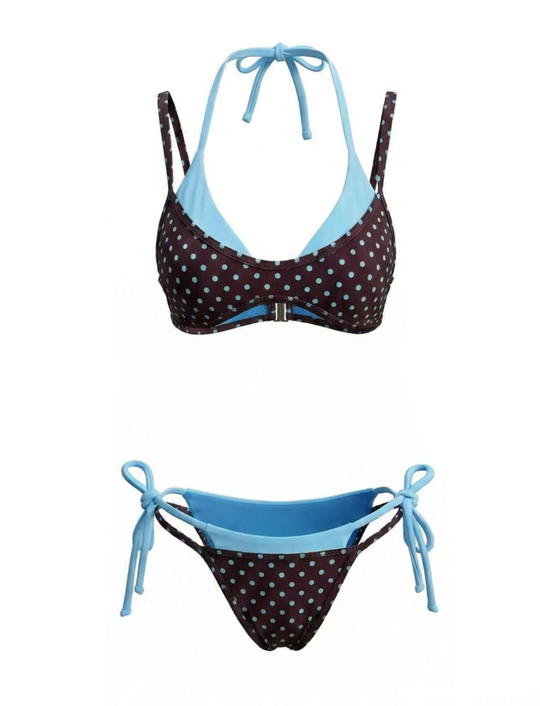 Dunkel Kaffee 1980er Zweiteiler-Optik Seitlich zum Binden Bikini Set