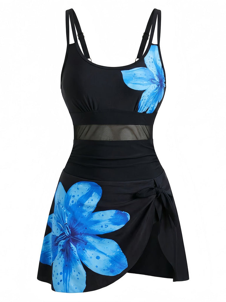 Dunkelblau 1940er Blumen Riemchen Rundausschnitt Schnür Netz Badekleid