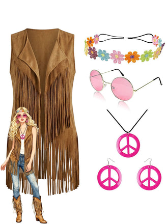 Dunkelkhaki 1970er Kunst Wildleder Quasten Disco Weste Set