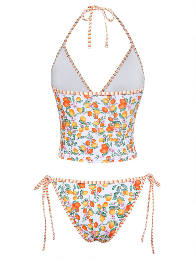 Orangefarbenes Tankini-Set mit Fruchtmuster im Stil der 1950er Jahre mit Haltertop