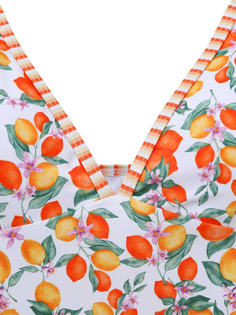 Orangefarbenes Tankini-Set mit Fruchtmuster im Stil der 1950er Jahre mit Haltertop