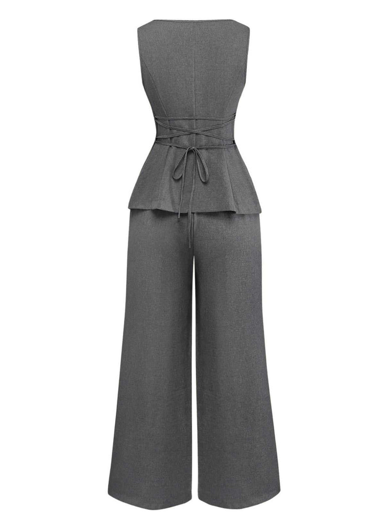 2PCS Solide 1940er Ärmellos Top & Weites Bein Hose