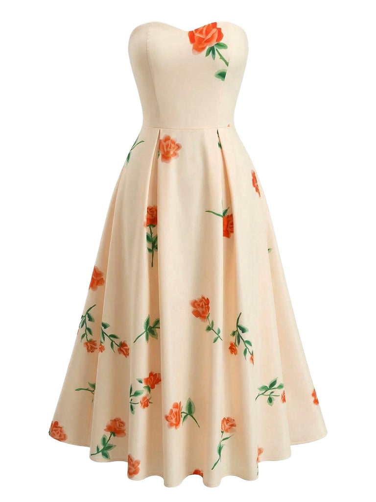 1940er Trägerlos Blumen High Waist Swing Kleid
