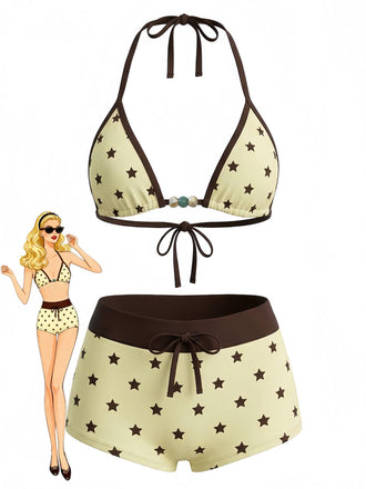 Gelb 1950er Schnür Halter Perlenbesetzt Polka Dot Bikini Set