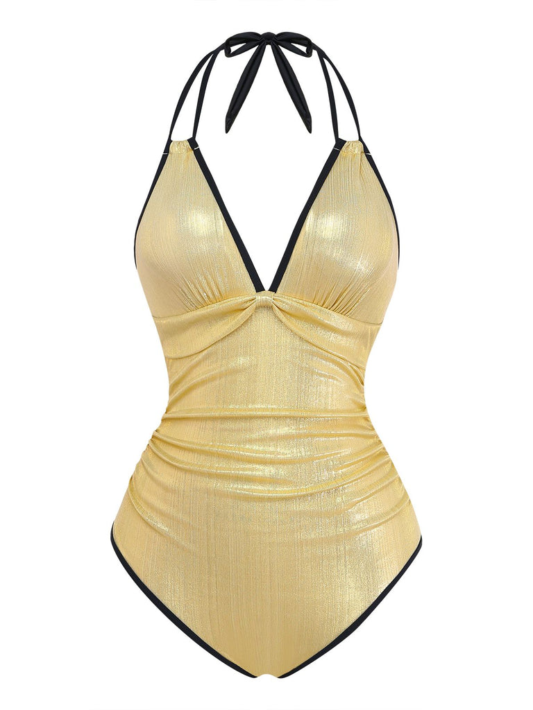 Gold 1950er Metallic Schimmernd Riemchen Halter Einteiliger Badeanzug