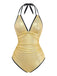 Gold 1950er Metallic Schimmernd Riemchen Halter Einteiliger Badeanzug