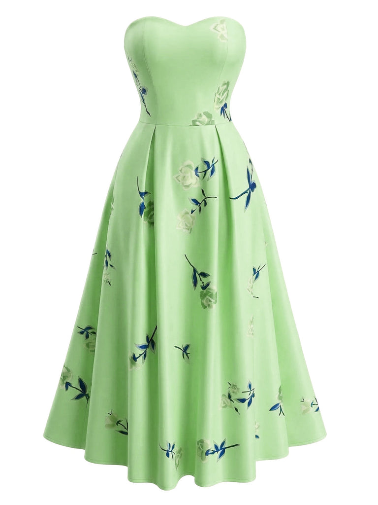 1940er Trägerlos Blumen High Waist Swing Kleid