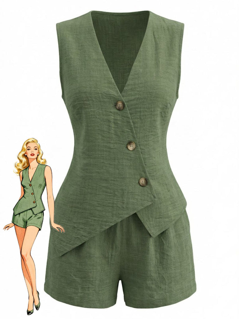 Set aus grüner Weste und Shorts mit einer Illustration im Vintage-Stil, die eine Frau in ähnlicher Kleidung zeigt.
