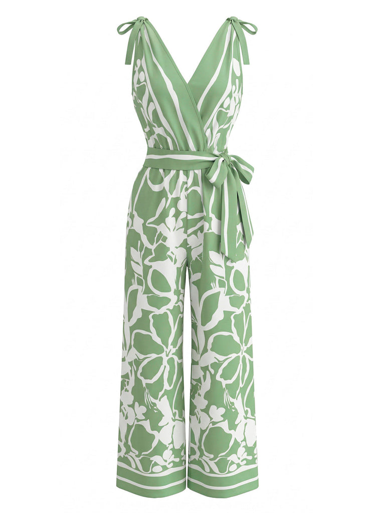Ärmelloser Jumpsuit mit Blumenmuster und V-Ausschnitt aus den 1970er Jahren, weitem Bein, Größe 5