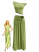 Elegantes zweiteiliges Vintage-Outfit im Stil der 1930er Jahre mit wandelbarem schulterfreiem Crop-Top mit Metallverzierungen und hochgeschlitztem, gerafftem Maxirock für Retro-Partys