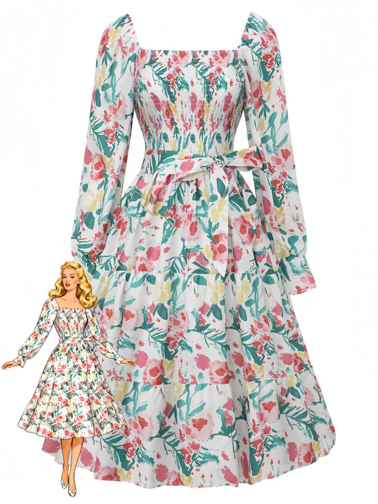 Grün 1940er Blumen Schnürung Quadratischer Hals Glockenärmel Kleid-model