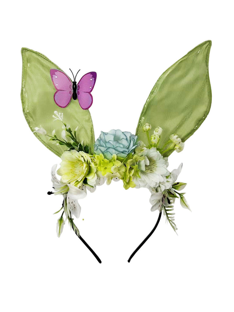 Verspieltes, rosafarbenes Fairycore-Haarband mit transparenten Hasenohren, Seidenblumen und einem lila Schmetterlingsakzent.
