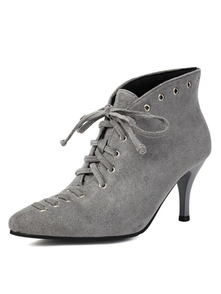 Graue Vintage-Pumps aus Wildlederimitat mit spitzer Zehenpartie – Seitenansicht