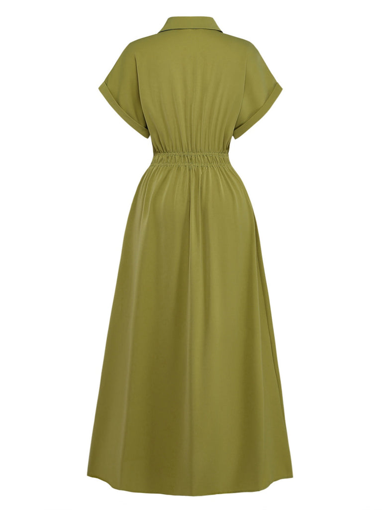 Grünes Hemdkleid aus den 1930er Jahren mit Reverskragen und Schlitz – Rückansicht