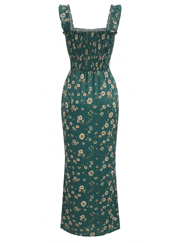 Grünes 30er Kleid mit Ditsy-Blumen und Eckiger Ausschnitt