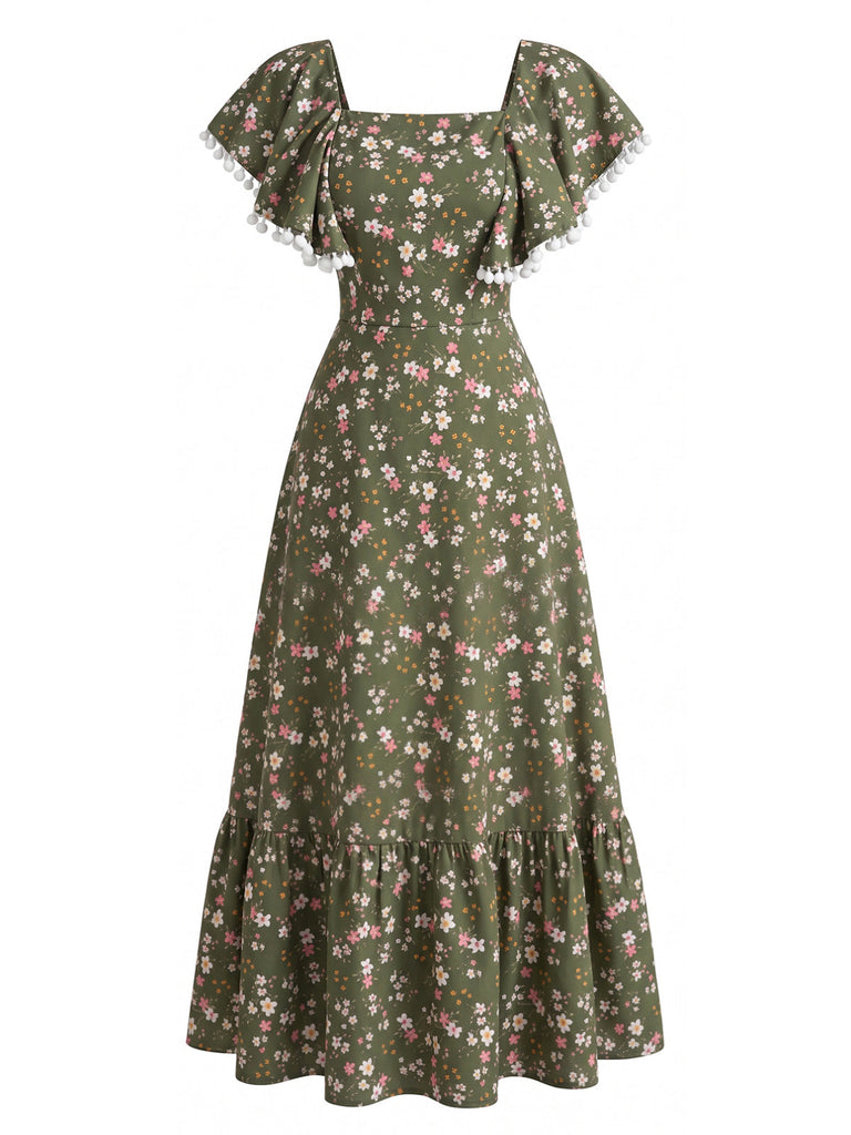 Grünes 40er Kleid mit Ditsy-Blumen und Eckiger Ausschnitt
