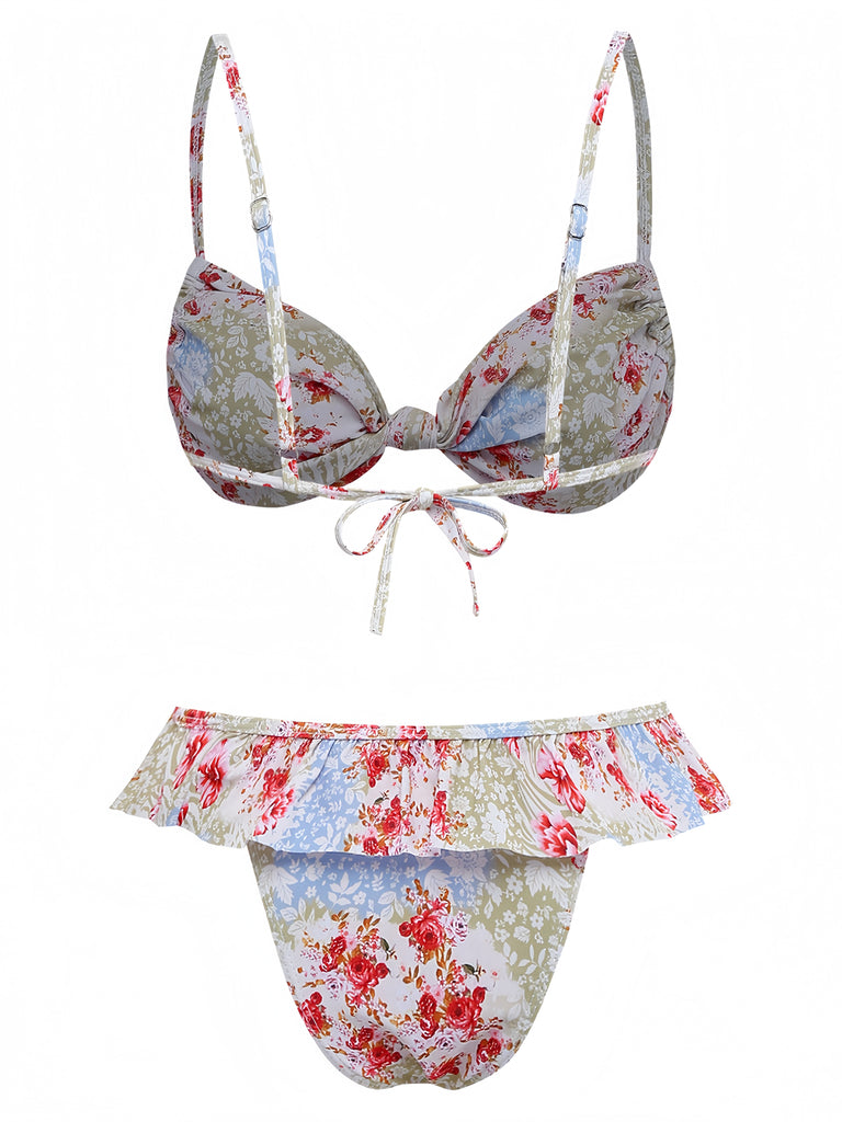 Grüner Vintage-Bikini mit Rüschen im Stil der 1950er Jahre mit Blumenmuster – Vintage-Mode, Retro-Stil