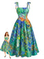 Grünes 50er Kleid mit Ölgemälde-Blumenprint und Spaghettiträgern