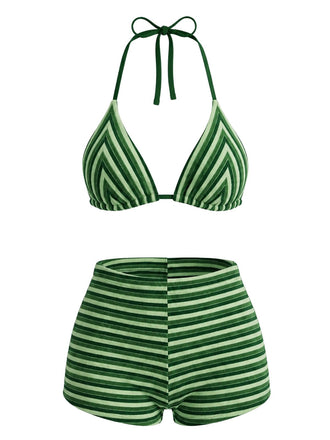 Grünes 50er Bikini-Set mit Neckholder und Streifen