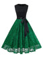 Grünes 50er Ärmelloses Swingkleid mit Farbblock und Spitze