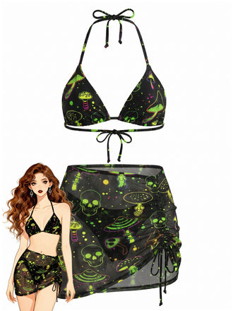 Grünes 60er Netz-Bikini-Set mit Neckholder und Totenkopf