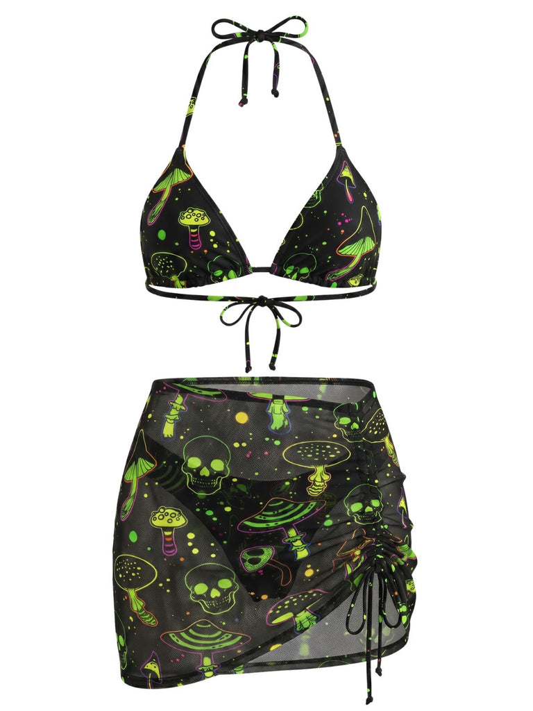 Grünes 60er Netz-Bikini-Set mit Neckholder und Totenkopf
