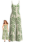 Grüner 60er Tropen Jumpsuit mit Spaghettiträger und Print