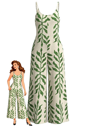 Grüner 60er Tropen Jumpsuit mit Spaghettiträger und Print