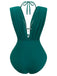 Grün-kariertes Neckholder-Bikini-Oberteil im Stil der 1960er-Jahre mit tiefem Ausschnitt und Raffungen – Rückansicht