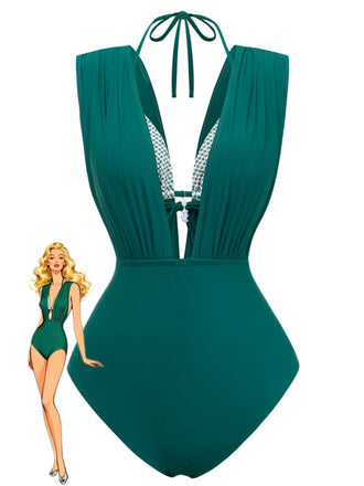 Vintage-Bikini-Set aus den 1960er Jahren mit kariertem Neckholder-Oberteil und tief ausgeschnittenem, gerafftem Badeanzug, präsentiert an einem Model für Retro-Strandurlaubs-Styling.