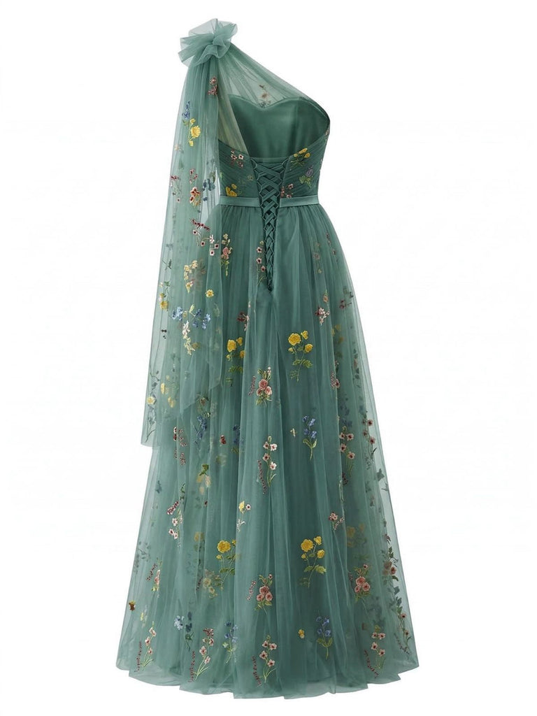Grünes, schulterfreies Tüll-Maxikleid mit Blumenstickerei für formelle Anlässe im Vintage-Stil der 1930er Jahre