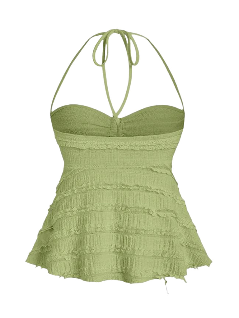 Grünes Y2K Babydoll-Top mit einfarbiger Struktur, Neckholder und Raffungen, Rückansicht