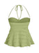Grünes Y2K Babydoll-Top mit einfarbiger Struktur, Neckholder und Raffungen, Rückansicht