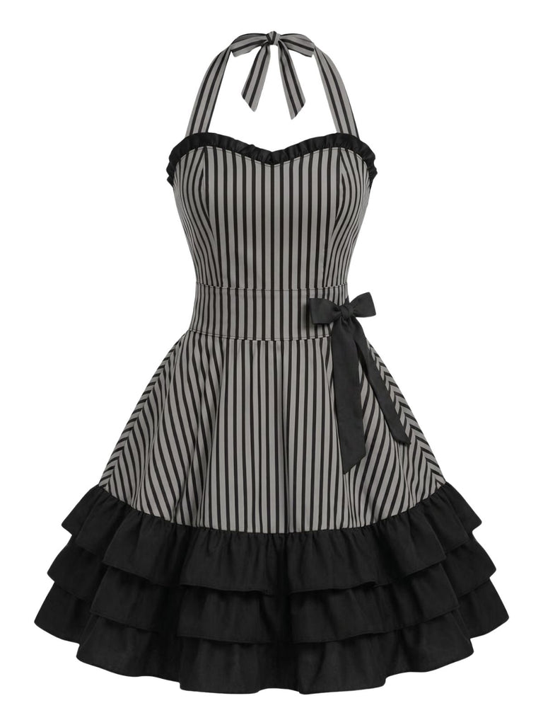 Graues 50er Swingkleid mit Neckholder und Rüschen