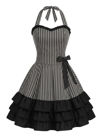 Graues 50er Swingkleid mit Neckholder und Rüschen