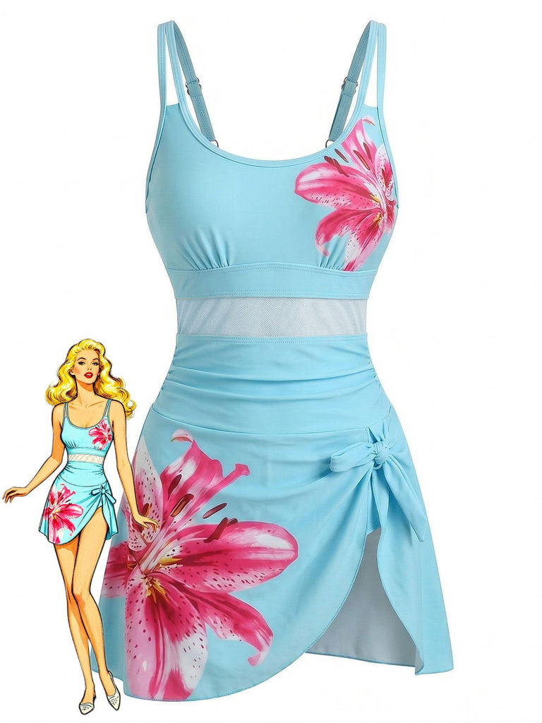 Hellblau 1940er Blumen Riemchen Rundausschnitt Schnür Netz Badekleid