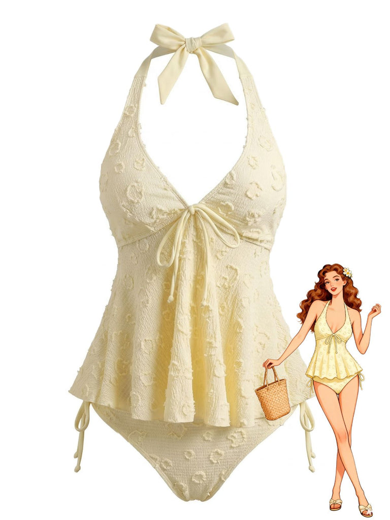 Hellgelbes Tankini-Set im Stil der 1950er Jahre mit strukturiertem Blumenmuster und tiefem V-Ausschnitt