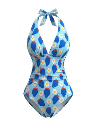 Himmelblau 1950er Plissiertes Bauch Weg Erdbeere Einteiliger Badeanzug